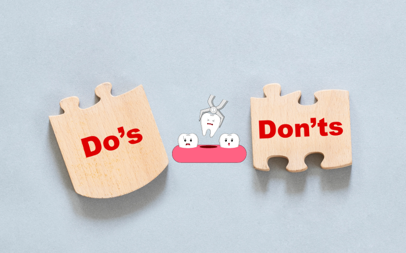 Wooden puzzle pieces labeled Do's and Don'ts with cartoon teeth illustration for tooth extraction guidelines.