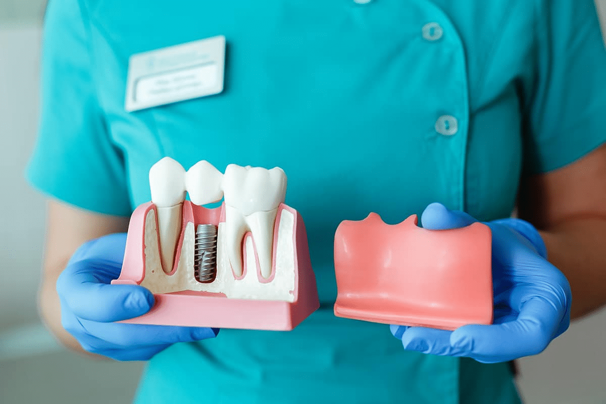Dental professional demonstrating dental implant model showing tooth replacement procedure in Castro Valley.