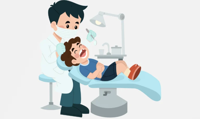 Illustration of a dentist examining a child in the dental chair