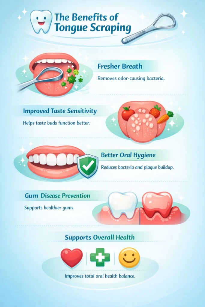 Infographic: benefits of tongue scraping, including fresher breath, better taste, cleaner mouth and healthier gums